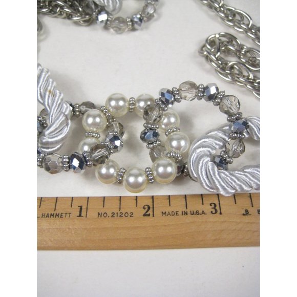 Imitation Pearl Beaded Necklace 45 inch Silvertone Heavy Chain Strand Statement - Picture 6 of 13